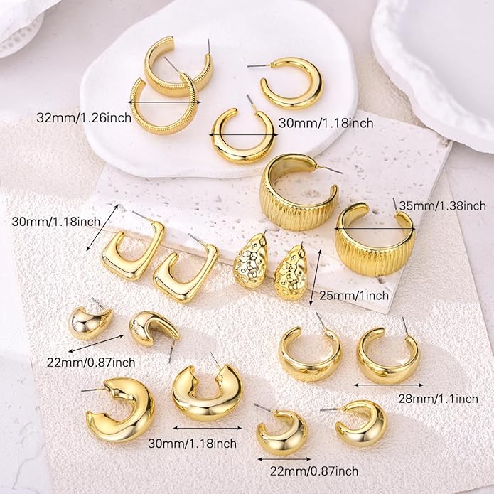 9 Pairs Chunky Gold Earrings Set for Women Trendy Lightweight Gold Plated Hoop Earrings Hypoallergenic Jewelry