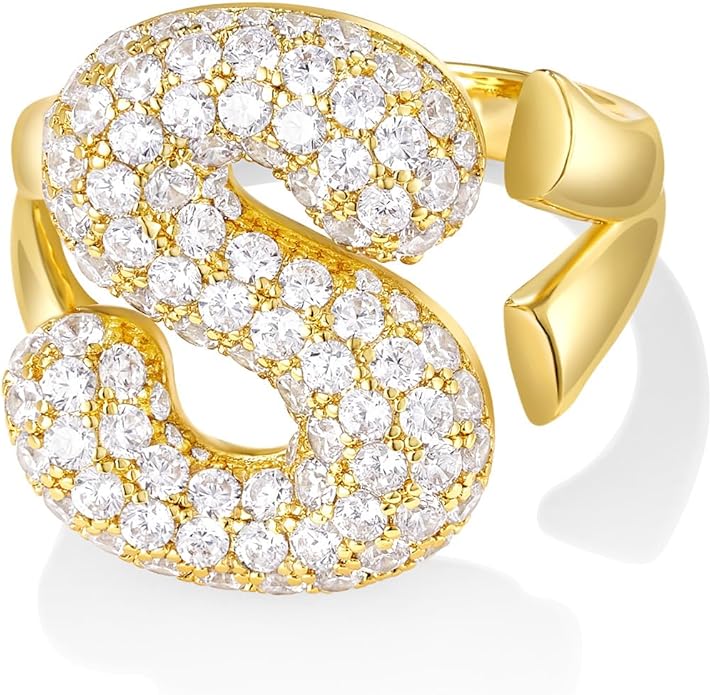 KissYan Bubble Initial Ring Valentines Day Gifts for Women, 14k Gold Plate Balloon Jumbo Letter Rings Open Adjustable Dainty Pave CZ Personalized Fashion Trendy Statement Jewelry