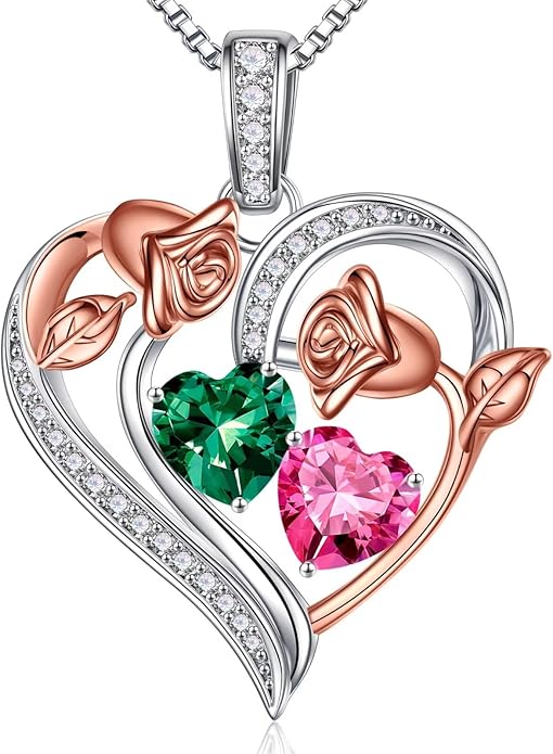 Iefil Valentines Day Gifts for Her - 925 Sterling Silver Rose Heart Necklace, Birthstone Jewelry, Anniversary Birthday Gifts for Wife Girlfriend Mom Daughter