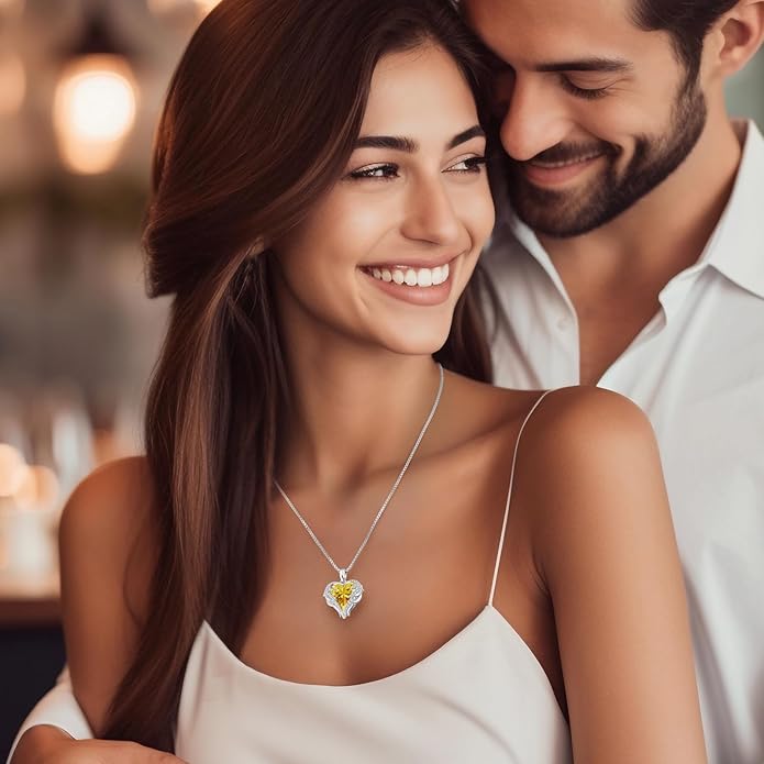 CDE Valentines Day Gifts for Women Angel Wings Necklace for Women with Birthstone, Love Heart Silver Tone/Gold Tone Pendant, Ideal Anniversary or Birthday Jewelry Gifts for Wife Girlfriend Her