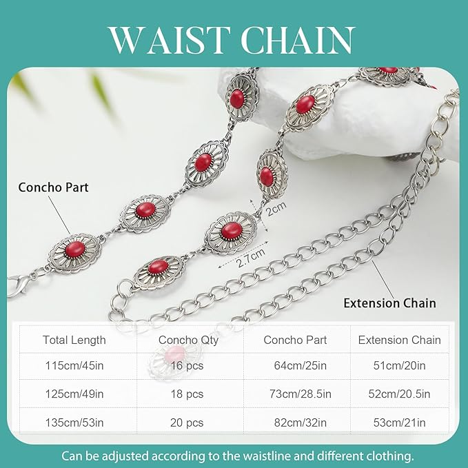 FIORETTO Metal Waist Chain Link Belt for Women Western Cowgirl Boho Turquoise Belts for Dress Jeans Country Concert Outfit
