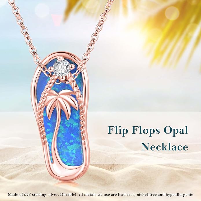 Midir&Etain Ocean Necklace 925 Sterling Silver Blue Opal Necklace Starfish/Flip Flop/Shark Pendant Beach Ocean Jewelry for Women