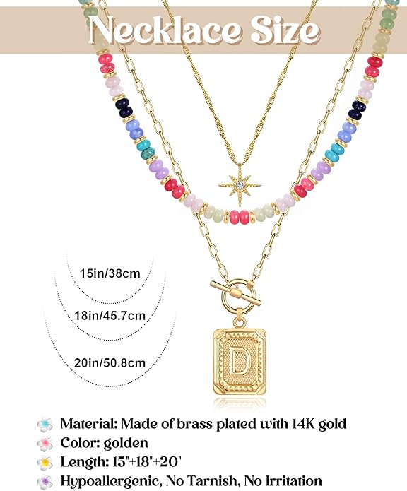 MJartoria Layered Initial Necklaces for Women Trendy, 14K Gold Plated Brass Simple Star Choker Square Letter Pendant Necklace, Colorful Beaded Necklaces Jewelry Gifts