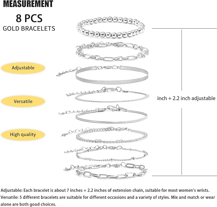 VIBILIA Dainty Gold Chain Bracelet for Women Trendy Stackable Adjustable Layered Metal Bracelet Gold Plated Twist Link Figaro Chain Paperclip Bracelets Fashion Jewelry