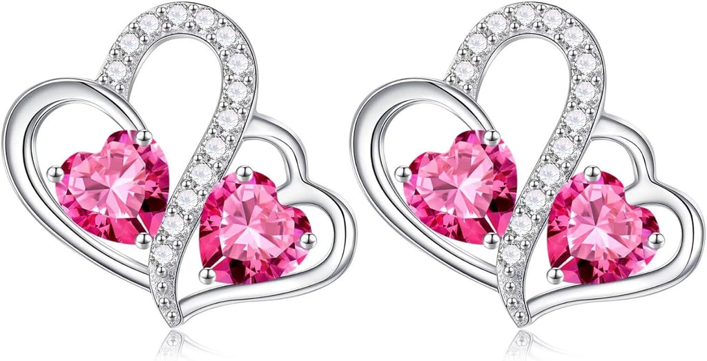 Iefil Valentines Day Gifts for Her - Birthstone Earrings Gift for Women, 925 Sterling Silver Double Heart Birthstone Earrings | Anniversary Birthday Gifts for Women, Personalized Jewelry for Wife Mom