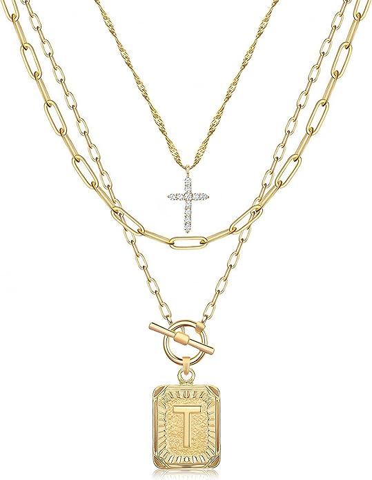 MJartoria Layered Initial Necklaces for Women Trendy, 14K Gold Plated Brass Simple Dainty Cross Choker Square Letter Pendant Necklace, Paperclip Chain Necklaces Jewelry
