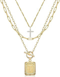 MJartoria Layered Initial Necklaces for Women Trendy, 14K Gold Plated Brass Simple Dainty Cross Choker Square Letter Pendant Necklace, Paperclip Chain Necklaces Jewelry