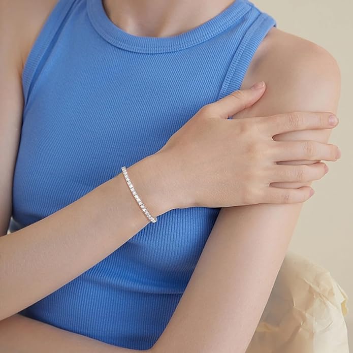 Moissanite Tennis Bracelet 1.79ct-8.69ct Adjustable Bracelet for Women 18K White Gold Plated S925 Sterling Silver Tennis Bracelet D Color VVS1 Round Cut 2/3/4mm Moissanite Bracelet Gifts for Wife/Mom