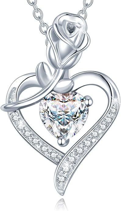 AGVANA Valentines Day Gifts Rosy Reverie Birthstone Necklace for Women Sterling Silver Genuine or Created Gemstone Rose Flower Heart Pendant Necklace Anniversary Birthday Gifts for Women Mom Wife Her