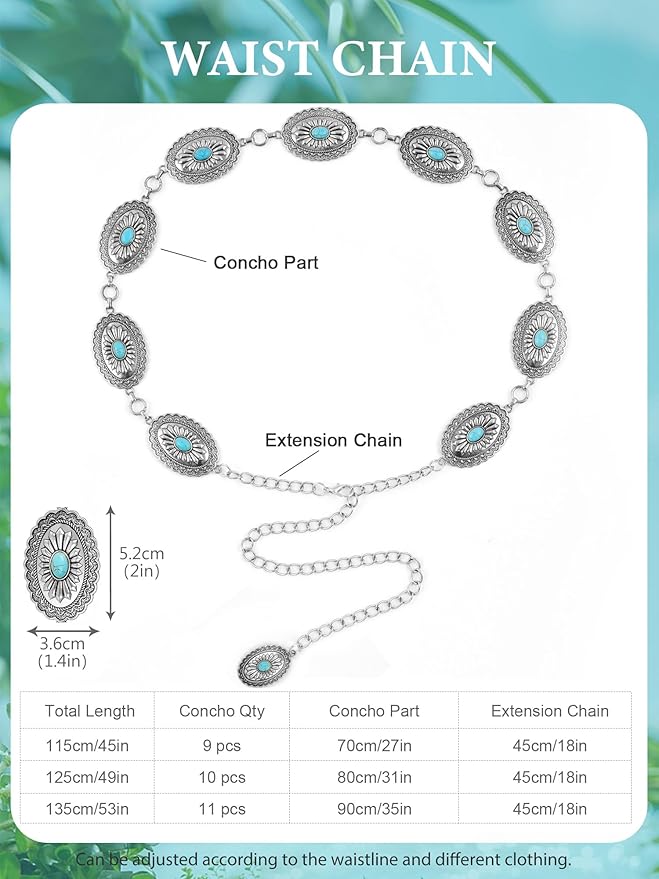 FIORETTO Metal Waist Chain Link Belt for Women Western Cowgirl Boho Turquoise Belts for Dress Jeans Country Concert Outfit