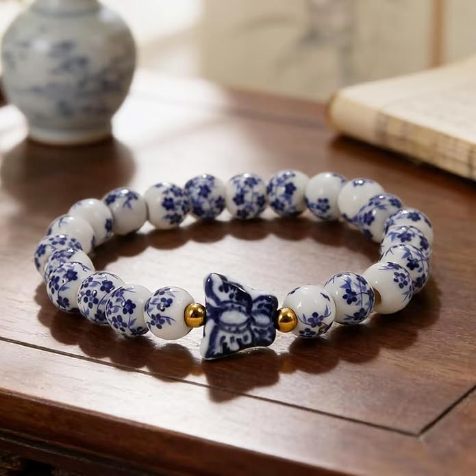 Butterfly Charm Bracelet Set - Blue and White Porcelain Beaded, Adjustable Vintage Stretch Bracelets for Women, Handmade Dainty Jewelry Gift