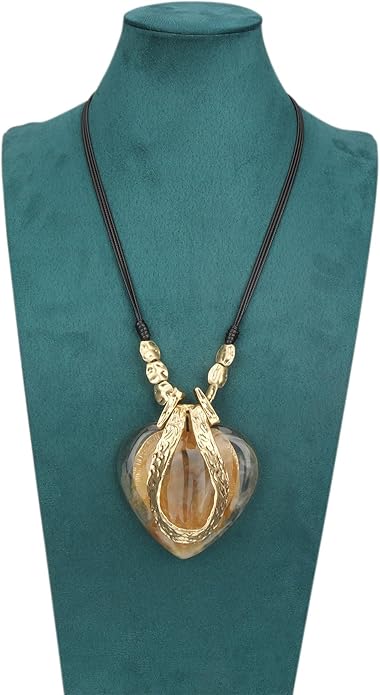 GelConnie Leather Necklace for Women Large Pendant Long Brown Necklace Circle Leather Choker Vintage Sweater Necklace Gold Chunky Boho Necklaces for Women
