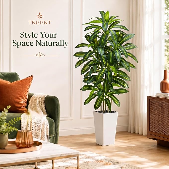 Artificial Dracaena Tree: 5FT Fake Plants Silk Faux Trees（White Pot） | - Image 2