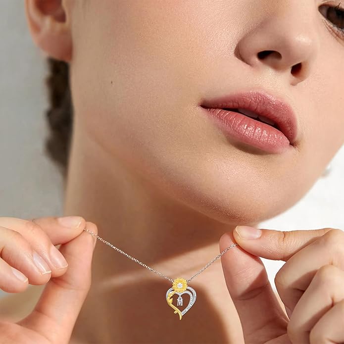 Initial Necklace 925 Sterling Silver Sunflower Heart Letter Pendant Alphabet Anniversary Birthday Jewelry Gifts for Women Mom Girlfriend Wife Her