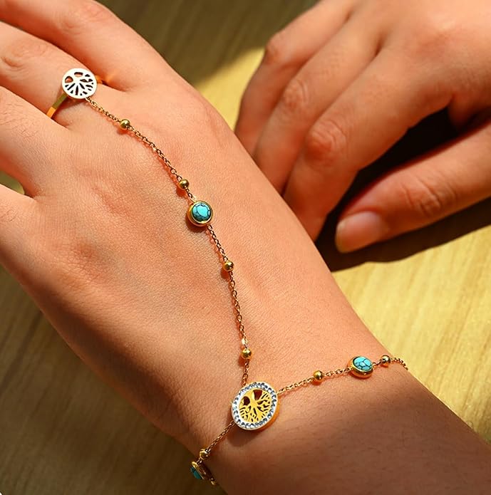 KROSS KULTURE 18K Gold Tree of Life Charm Hand Chain Finger Ring Bracelet with Turquoise Gemstones, Adjustable Dainty Waterproof Hypoallergenic Stainless Steel Fashion Jewelry Gift for Her