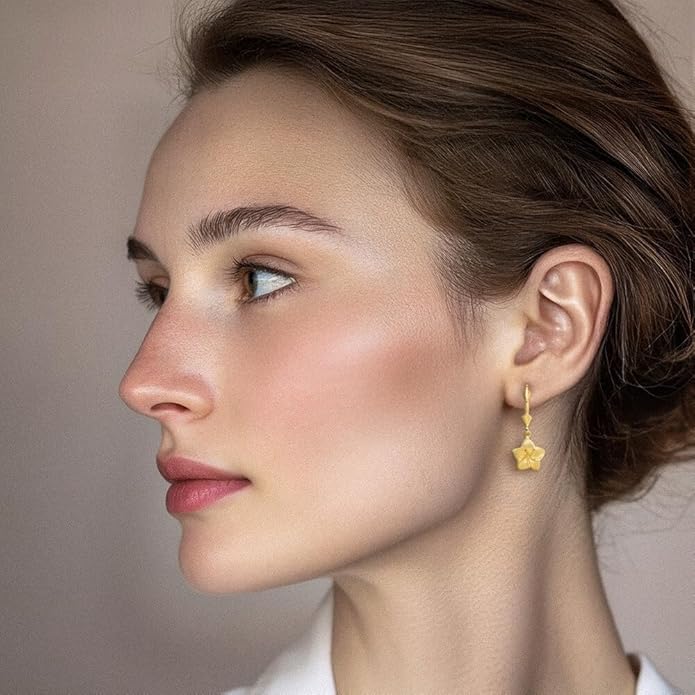 14K Yellow Gold Plumeria Drop Dangle Earrings for Women Flower Motif Lever Back Solid Small Fine Jewelry Gift Floral Nature