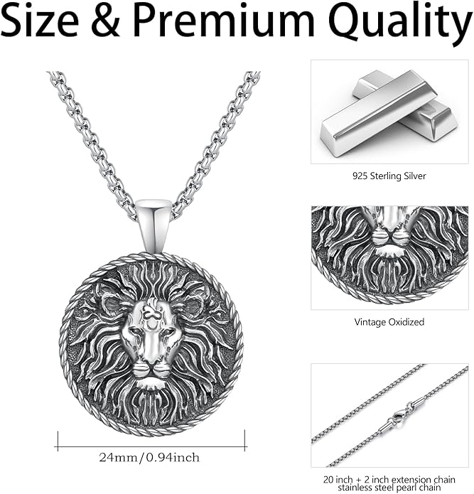 Cuoka Lion Necklace for Men Women S925 Sterling Silver King Retro Punk Gothic Hip Hop Rock Animal Lion Head Pendant Charm Jewelry Chain Necklace Viking Protection Amulet Necklaces