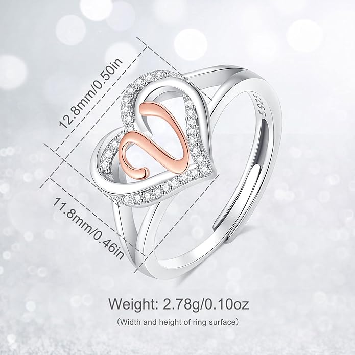 INFUSEU 925 Sterling Silver Initial Heart Ring for Women Girls, Adjustable Size
