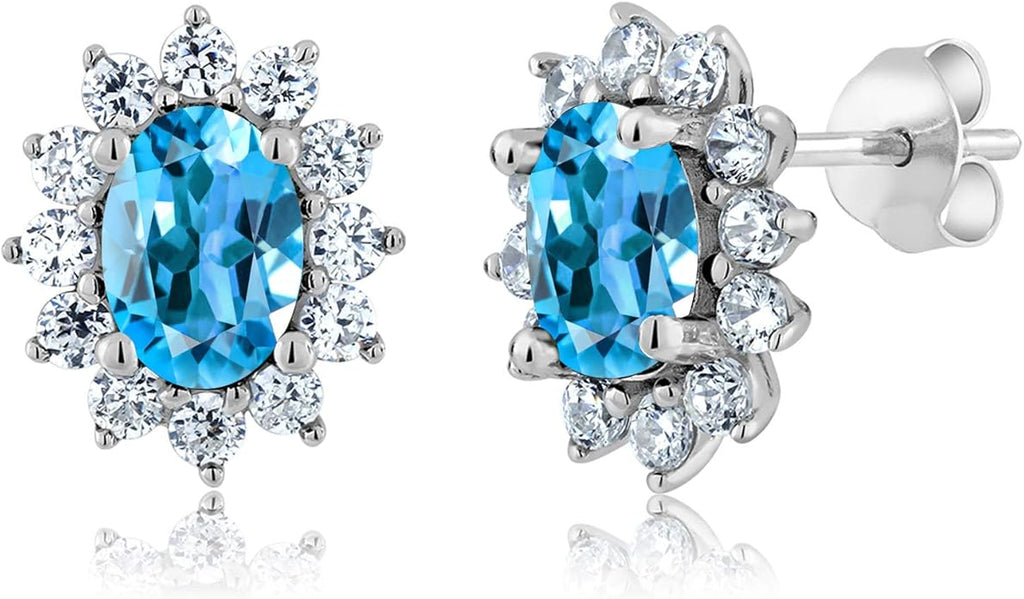 Gem Stone King 7X5MM Oval Gemstone Birthstone Stud Earrings For Women | Princess Diana Royal Halo Style | 925 Sterling Silver | Fine Jewelry Gifts for Anniversary Wedding Her Mom Women Wife
