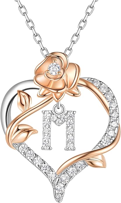 Valentines Day Gifts Rose Heart Letter Initial Necklace for Women, S925 Sterling Silver Pendant Necklace Adjustable Dainty Rose Flower Jewelry Gift for Her