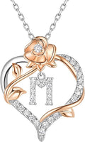 Valentines Day Gifts Rose Heart Letter Initial Necklace for Women, S925 Sterling Silver Pendant Necklace Adjustable Dainty Rose Flower Jewelry Gift for Her