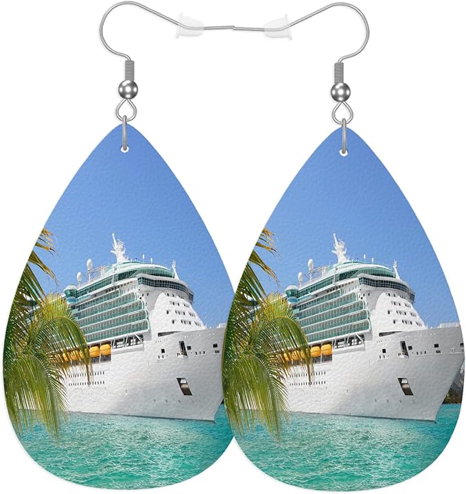 Sea Cruise Leather Teardrop Earrings Sailing Vacation Cruise Ship Tropical Summer Palm Beach Faux Leather Water Drop Earrings Jewelry For Women Friends Wedding