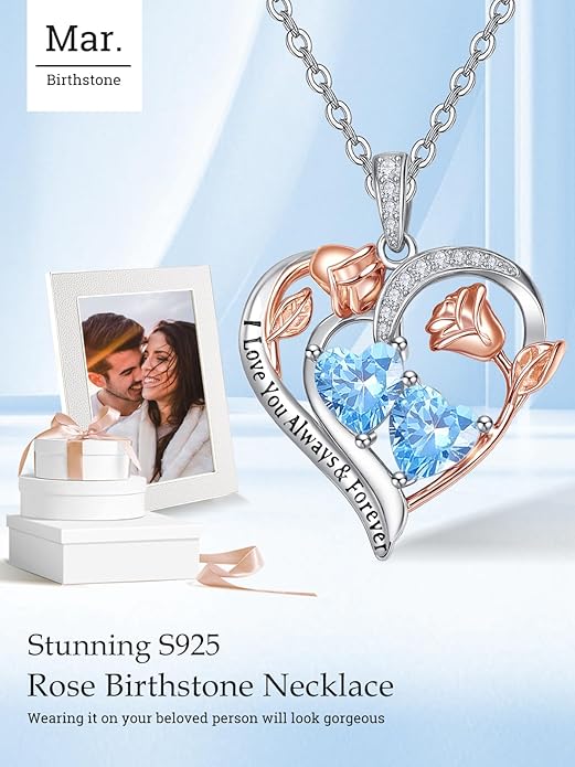 Valentine's Day Gifts for Wife 925 Sterling Silver Double Birthstone Pendant Necklaces I Love You for Always and Forever Necklace Anniversary Birthday Gifts for Wife Girlfriend Mom Her