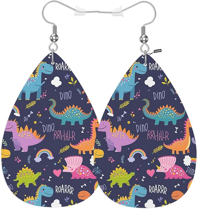 Dinosaur Leather Earrings For Women Cartoon Jungle Dinosaurs Rainbow Pattern Lightweight Water Drop Earrings Fashion Jewelry Teardrop Earrings For Friends
