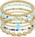 Gold Bracelets for Women Waterproof, 14K Gold Plated Beaded Cross Bracelets Set,Boho Stretch Bracelets Stackable Jewelry for Women Teenage Girls Jewelry Christmas Gifts