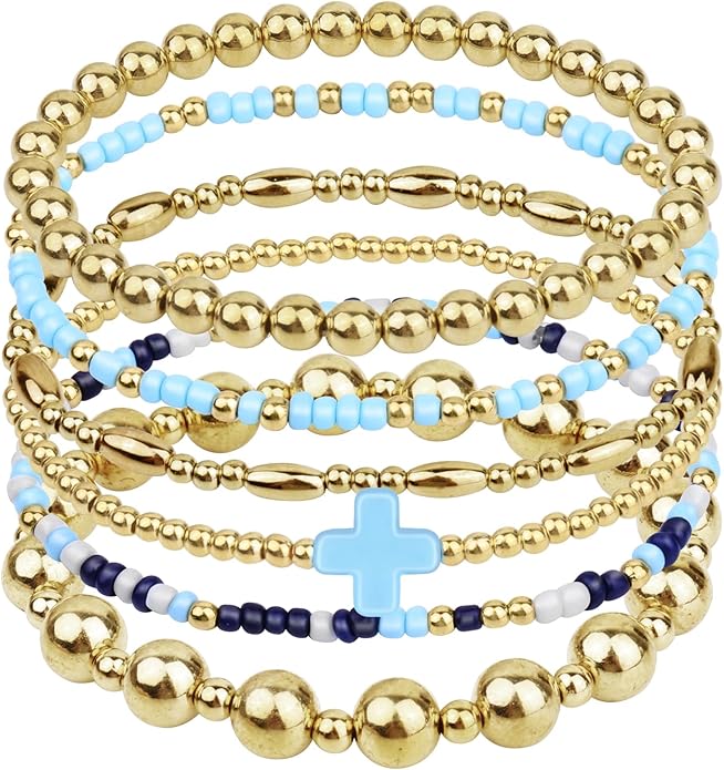 Gold Bracelets for Women Waterproof, 14K Gold Plated Beaded Cross Bracelets Set,Boho Stretch Bracelets Stackable Jewelry for Women Teenage Girls Jewelry Christmas Gifts