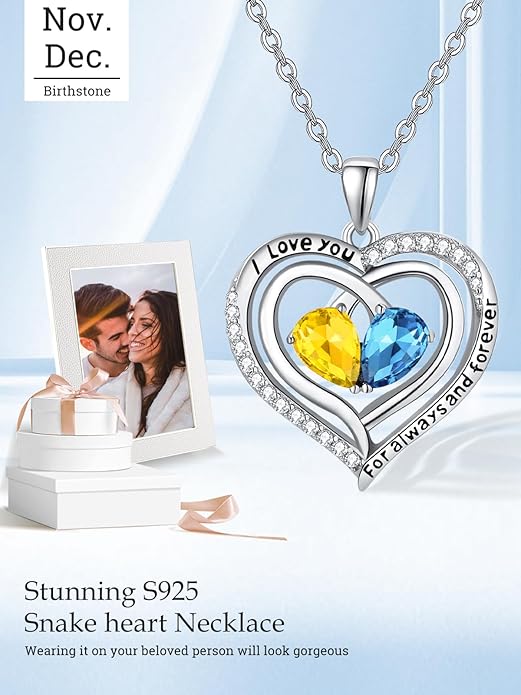 Valentine's Day Gifts for Wife 925 Sterling Silver Double Birthstone Pendant Necklaces I Love You for Always and Forever Necklace Anniversary Birthday Gifts for Wife Girlfriend Mom Her