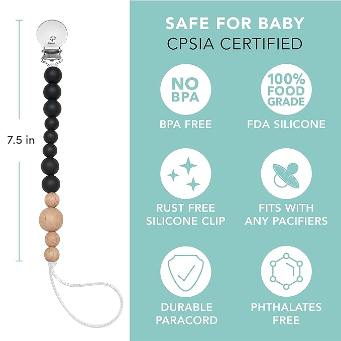 Colour Block Pacifier Clip – Food-Grade Silicone Soother Holder & Teether Strap – Secure, Non-Toxic Binky Clip for Babies – Durable, Stylish, and Easy to Clean – Unisex Baby Accessory - Black
