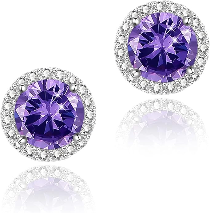 YOMELA Cubic Zirconia Earrings Studs, Halo CZ Birthstone Simulated Diamond Stud Earrings for Women