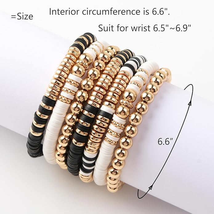 GOOJIDS Surfer Heishi Clay Bead Bracelets for Women Bohemian Stackable Gold Plated Beaded Stretch Bracelets Elastic Layering Friendship Bracelets Set Boho Jewelry