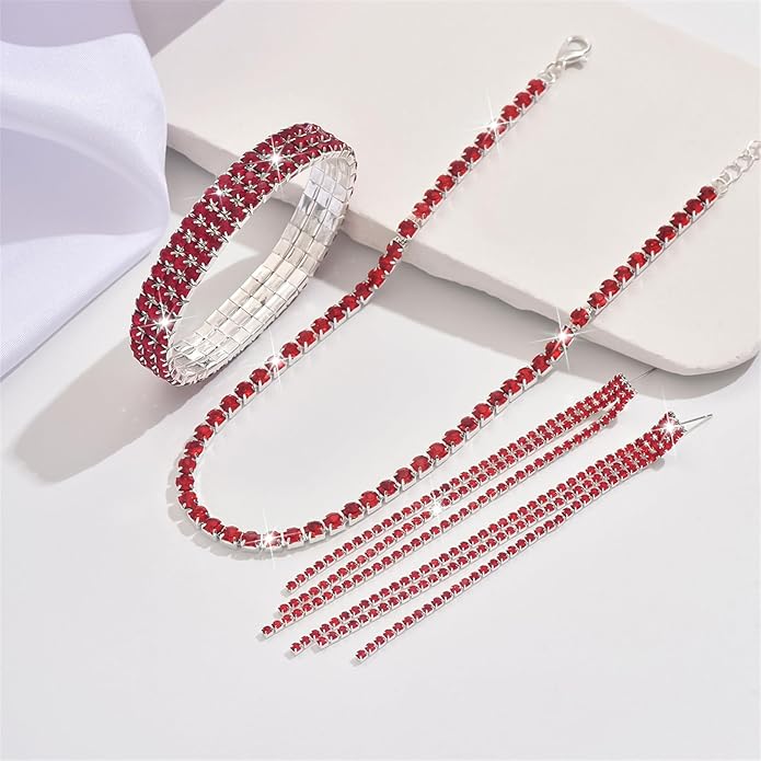 PINK TOWN Vintage Rhinestone Bridal Jewelry Sets,Crystal Wedding Prom Earrings Necklace Bracelet Set Fashion Zircon Bride Jewelry Dress Accessories for Women