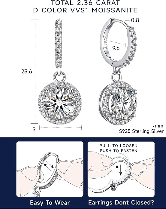 MomentWish Dangle Earrings for Women-925 Sterling Silver Moissanite Earring, Women's Gift for Valentine Birthday, D Color VVS1 Dancing Moissanite Hoops