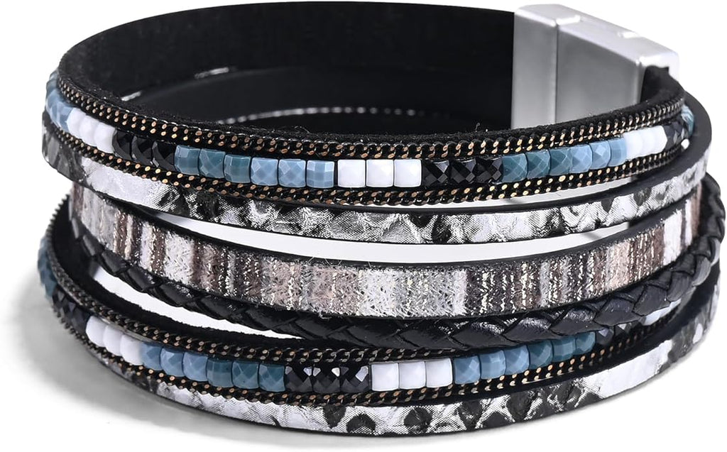 Wrapped Bracelets for Women,Leather Bracelet,Boho Bracelets for Women,Multi-Layer Pearl Crystal Bracelet Bangle Jewelry