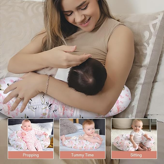 Nursing Pillow, Breast Feeding Pillows for Mom, Rose Floral Print Soft Cover with Breathable Filling, Infant Feeding Support Pillow for 0-12 Months, Multifunctional Support Cushion for Travel