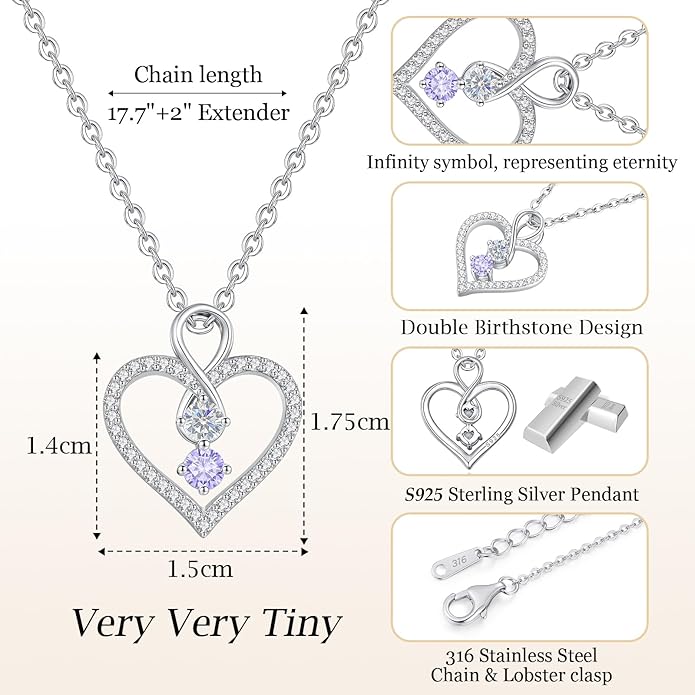 LOUISA SECRET Infinity Double Birthstone Necklace, 925 Sterling Silver Tiny Pendant Heart Necklace for Women Wife Her, Best Jewelry Gift Heart Jewelry Meaningful Gift for Valentine's Day, Christmas, Birthday Anniversary