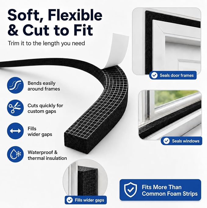1" x 1" EVA Foam Weather Stripping Tape, 6.5FT Self-Adhesive Foam Seal Strip - Image 3