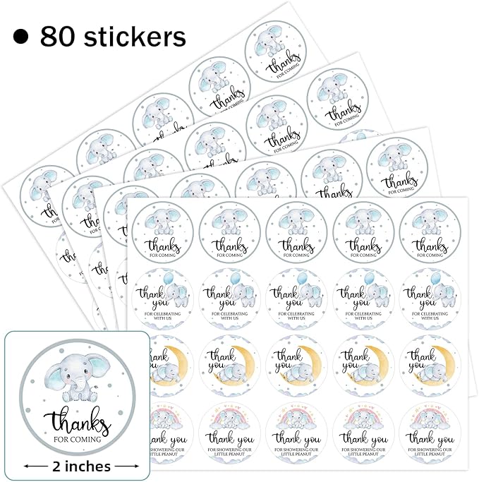 80 Pieces Cute Elephant Thank You Stickers, Baby Shower Birthday Party Decorate Watercolor Elephant Themed Party Gift Wrap Bag Label Decorations, 4 Design Stickers