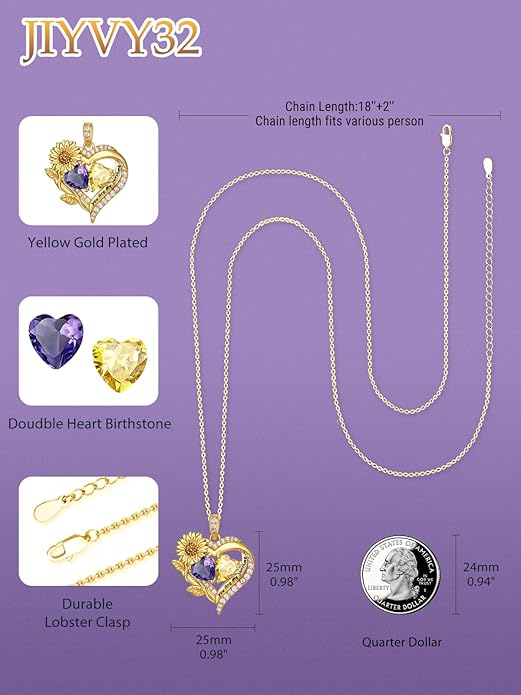 Sunflower Heart Necklace for Women 14K Gold Exquisite Valentines Day Anniversary Birthday Gifts for Wife Mother Her Double Birthstone Pendant Jewelry‘You Are My Sunshine’