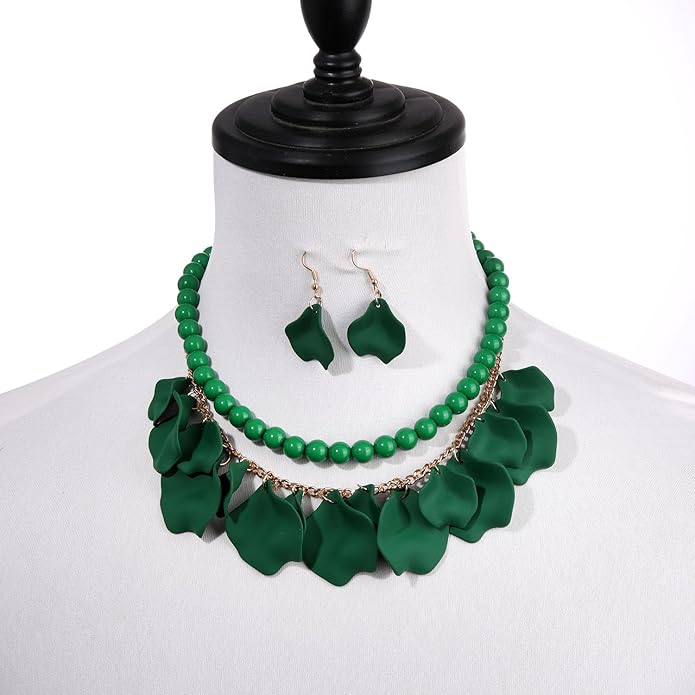 Flower Petal Necklace Earrings Set Layered Statement Beaded Jewelry Set for Women Summer Necklace Earrings
