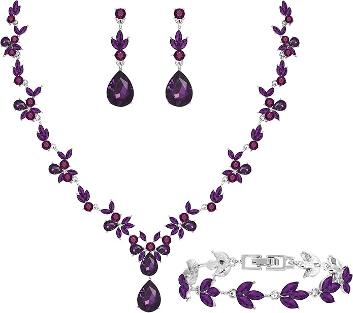 Bridal Wedding Elegant Floral Jewelry Set for Women/Brides/Bridesmaids Crystal Jewelry Set for Wedding Prom Party Bridal Crystal Necklace Earrings Bracelet Set