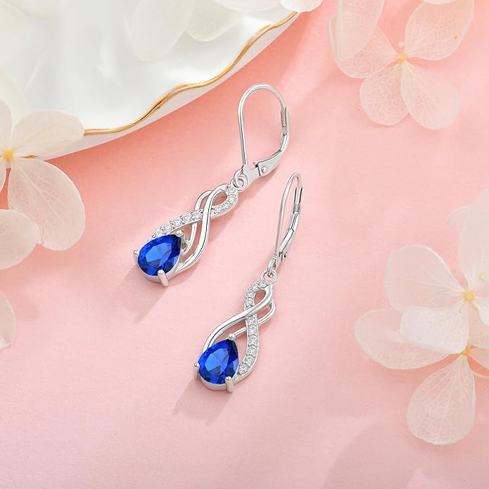 Infinity Love Birthstone Earrings for Women 925 Strling Silver 5A Cubic Zirconia Dangle Drop Leveback Earrings Jewelry Birthday Christmas Day Gifts for Her