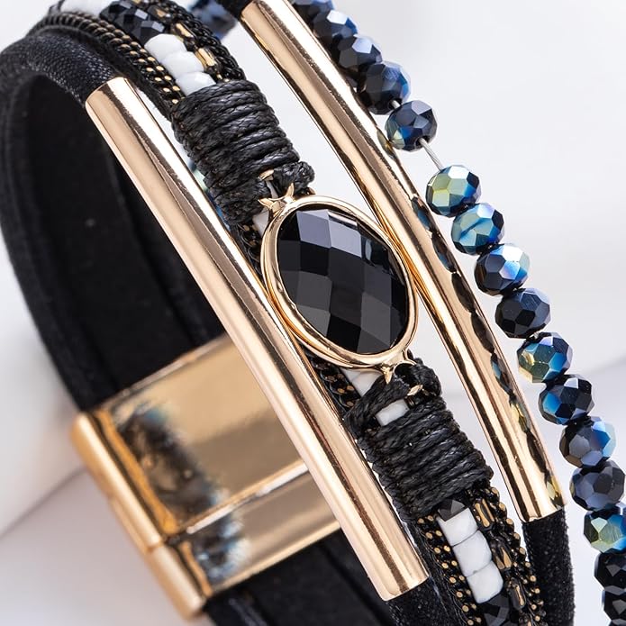 FANCY SHINY Leather Wrap Bracelets Crystal Beads Bracelet Boho Cuff Stone Charm Bracelets with Clasp Costume Jewelry for Women
