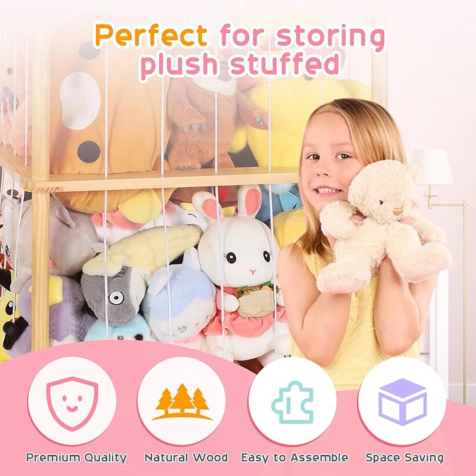 Extra Large Stuffed Animal Storage for Corner Organizer,Premium Wooden Material with Elastic Cord Hold Up to 250 Plush Toys,Stuffed Zoo Animal Holder and Collection for Playroom-Birthday