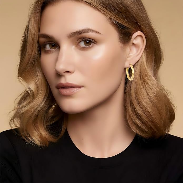 Gold Plated Hoop Earrings for Women 14K Gold Plated Earrings for Women Hypoallergenic Lightweight Wrinkle Texture Earrings Womens 20mm/25mm/30mm