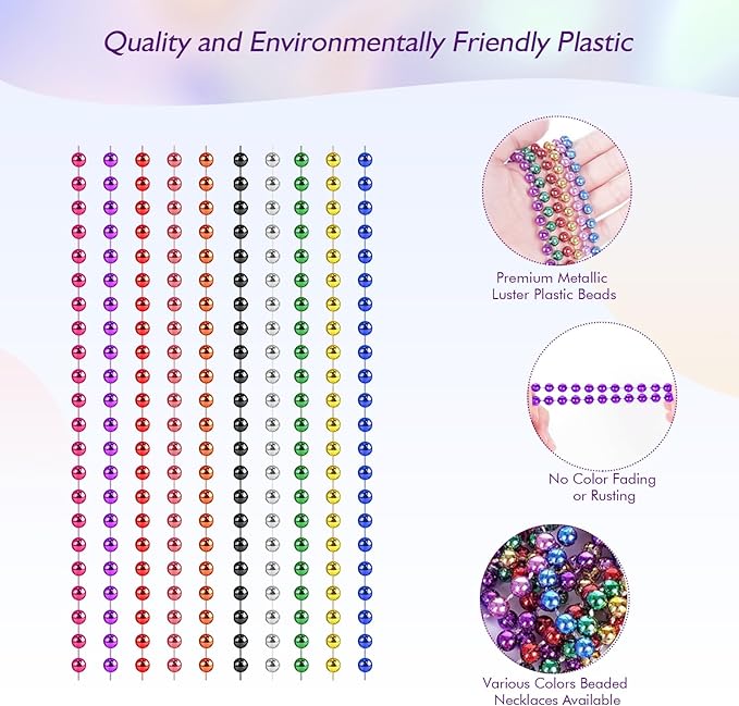 ZYFLSQ 100 Pcs Mardi Gras Beads Necklaces Bulk, 33" 7mm Multi Colors Metallic Beaded Necklaces for Party Costume Necklaces (10 Colors)