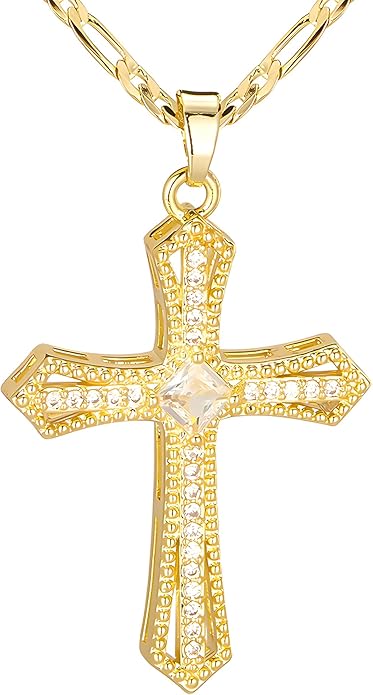 14K Gold Plated Cross Necklace for Women, Cubic Zirconia Copper Cross Pendant, Valentine's Mother's Day Gifts for Her with Jewelry Box Figaro Link Chain, Alloy Brass CZ Diamond Bridal Wedding
